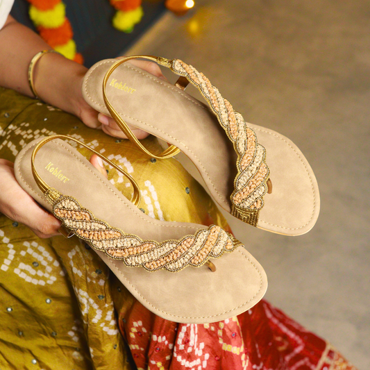 Gold Beaded Asymmetrical Sandals