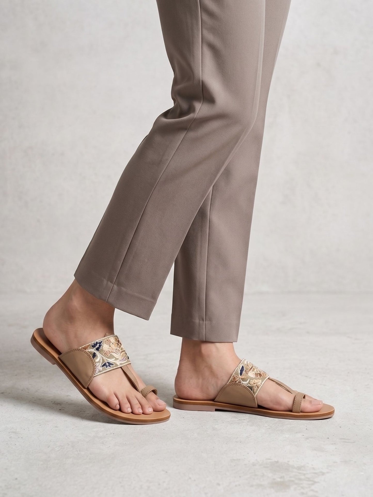 Beige Toe Loop Flats