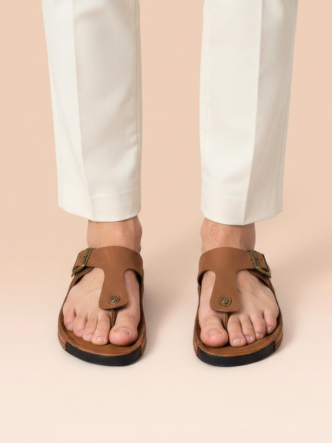 Tan T-strap Buckle Sandals