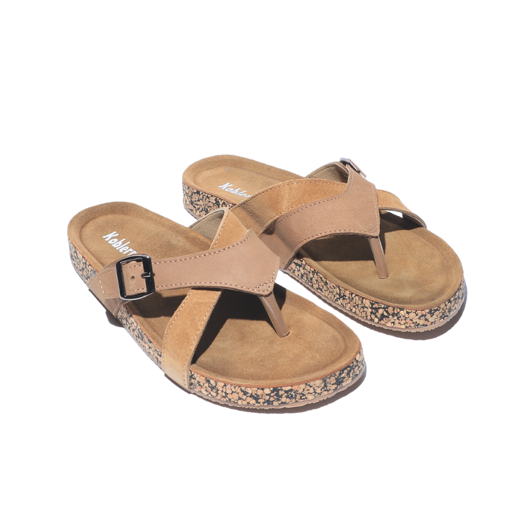 Camel One Toe Flats with Buckles