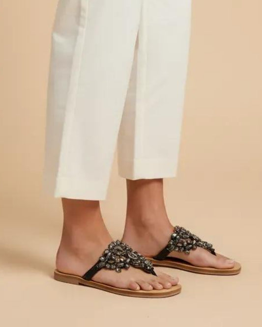 Black Stone-Embellished T-Strap Flats