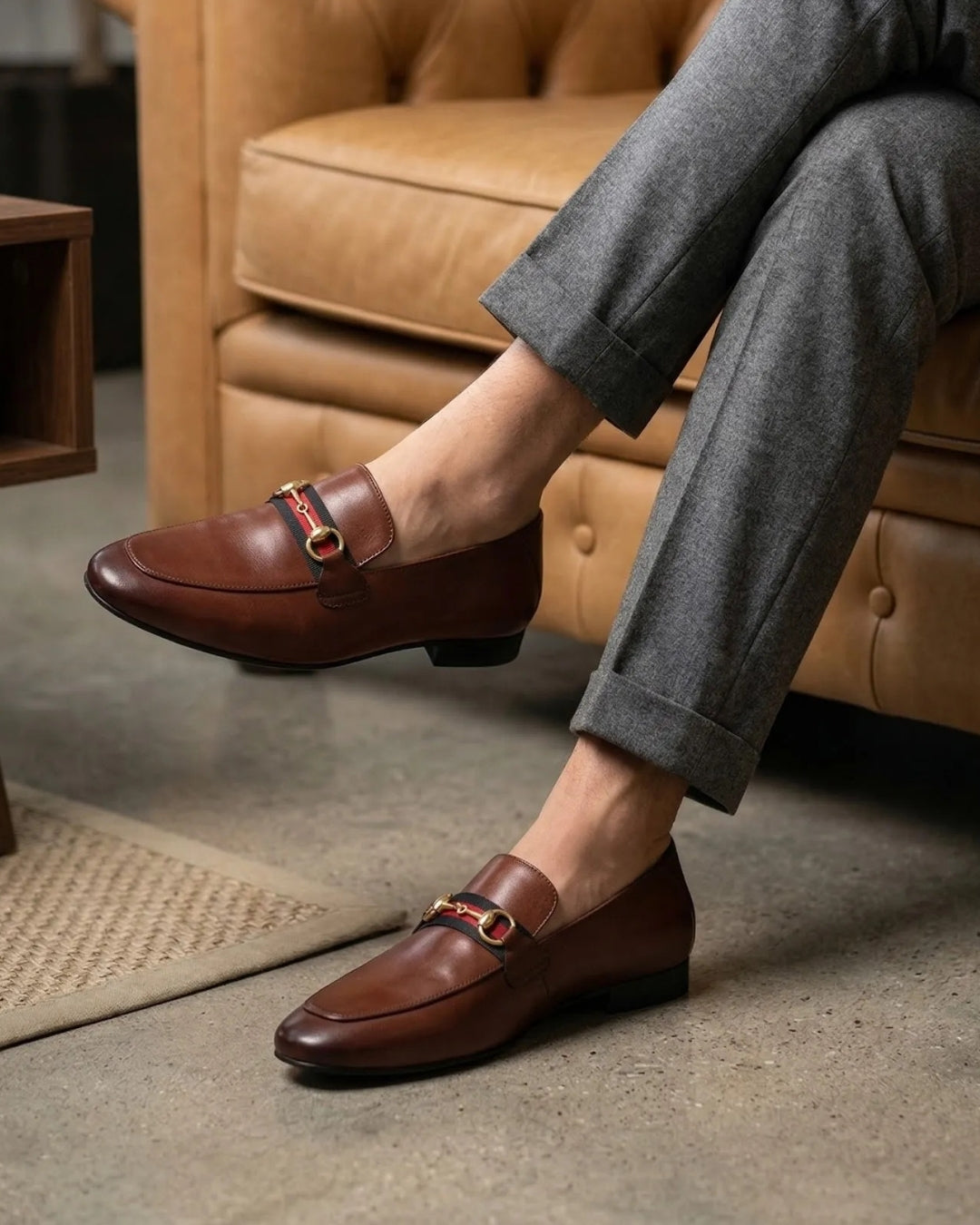 Tan Solid Leather Formal Loafers