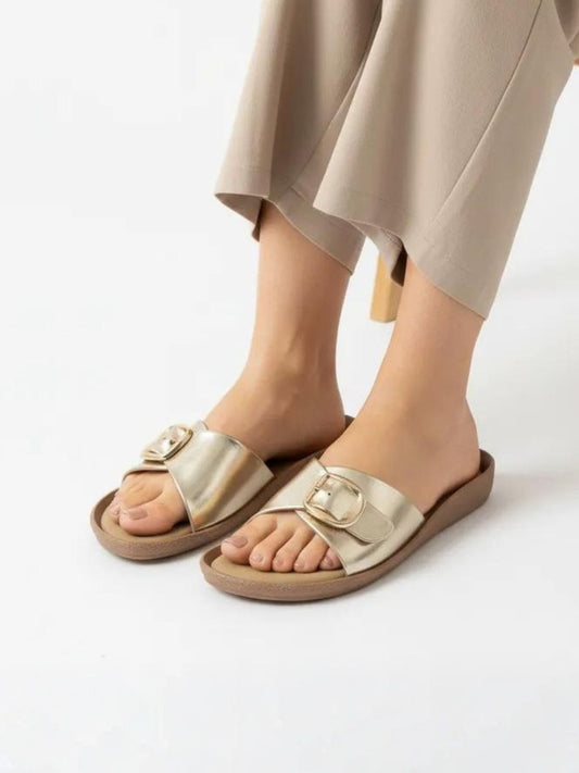Gold Slides Buckle Sandals