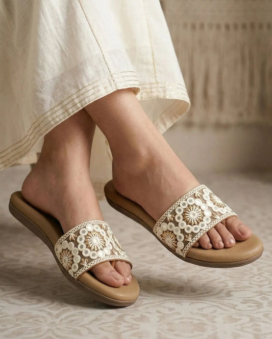 Beige Embroidered Flats