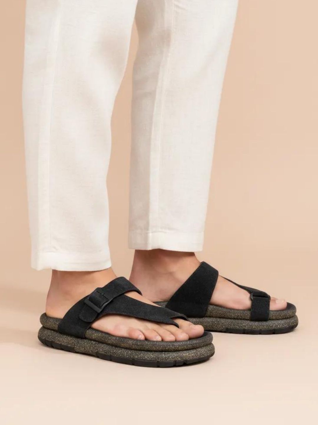 Black Buckle Detailed Comfort Sandals
