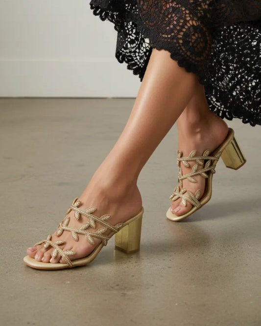 Gold Embellished Block Heels