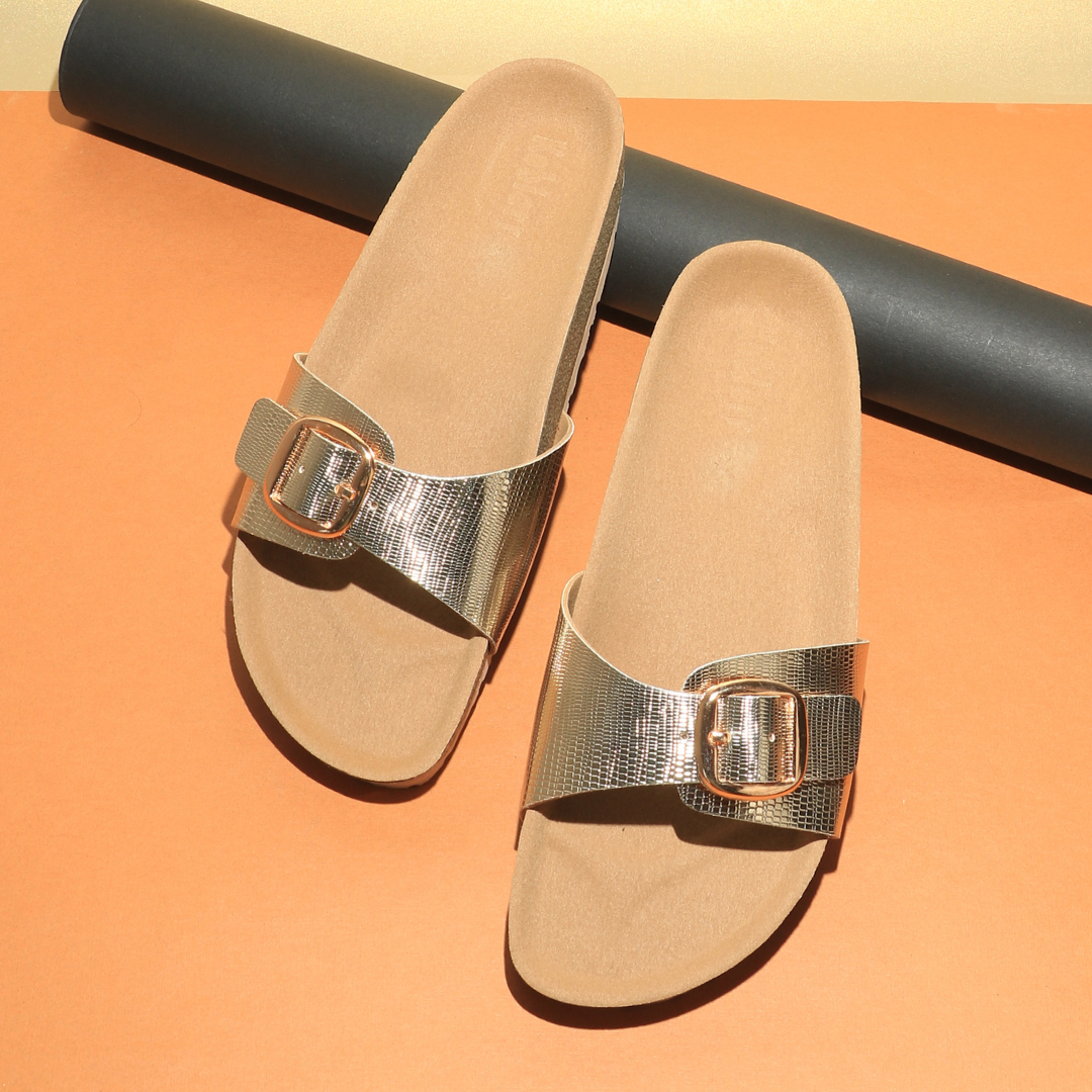 Women’s Buckle Slides in Gold