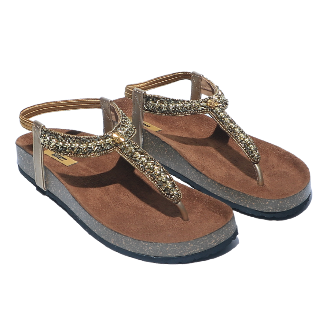 Gold Bead T-Strap Sandals