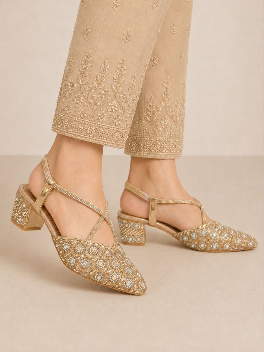 Gold Cross strap block heel