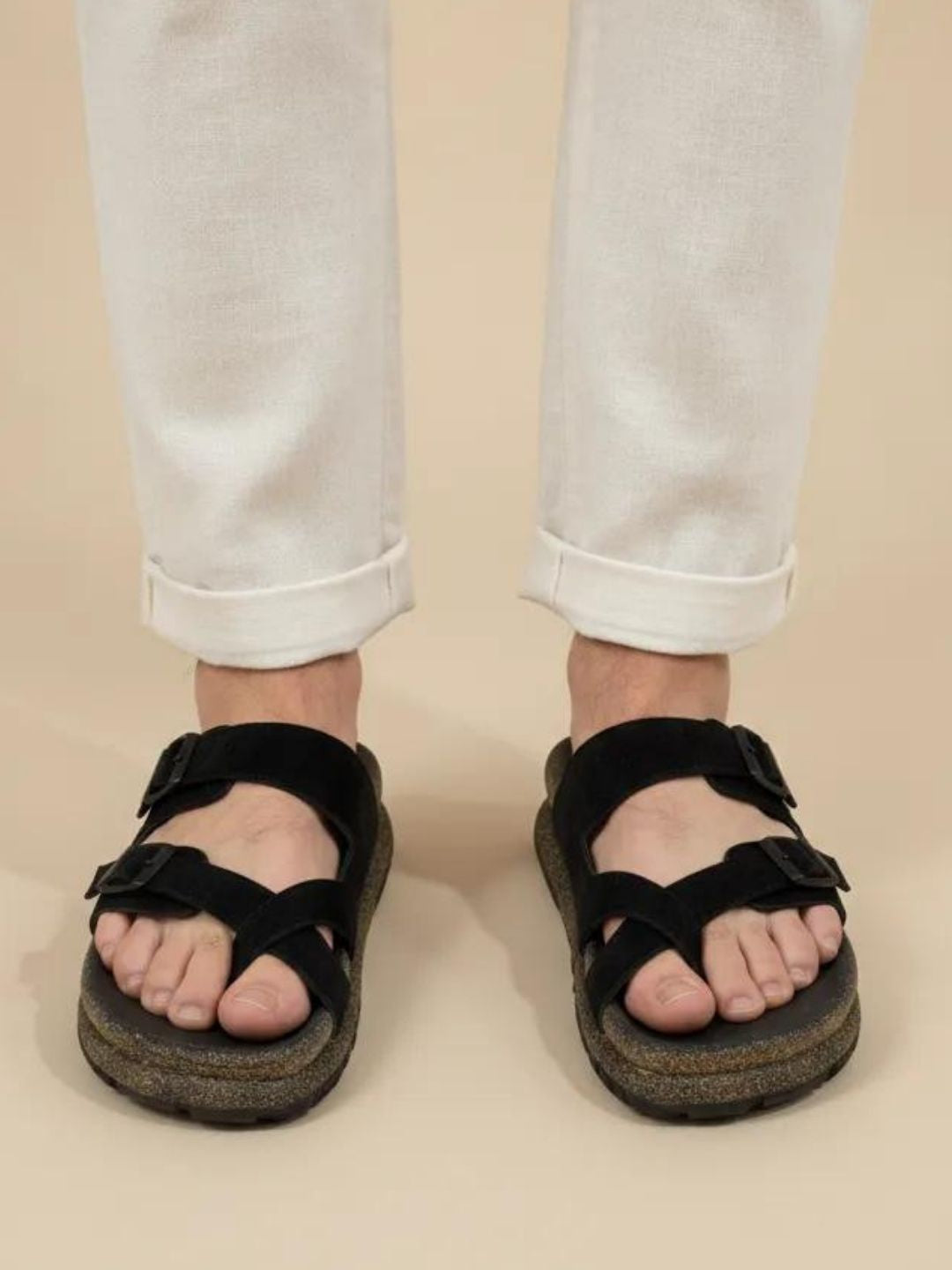 Black One Toe Two Strap Comfort Sandals