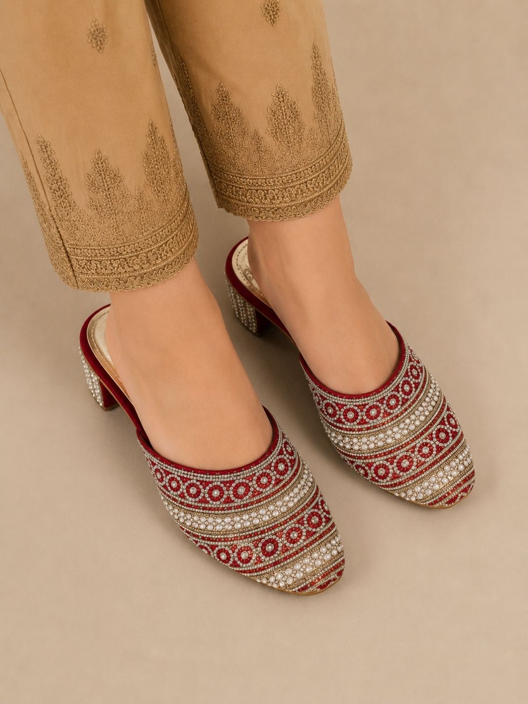 Red Pointed Slip-on Block Heel