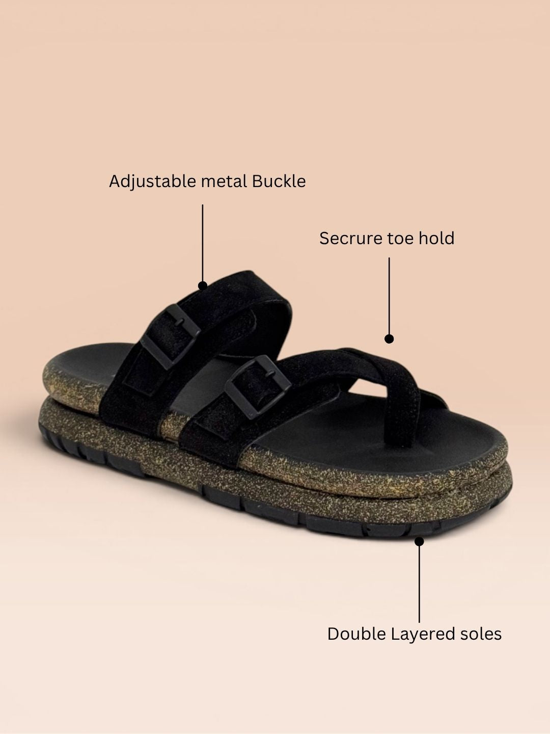 Black One Toe Two Strap Comfort Sandals