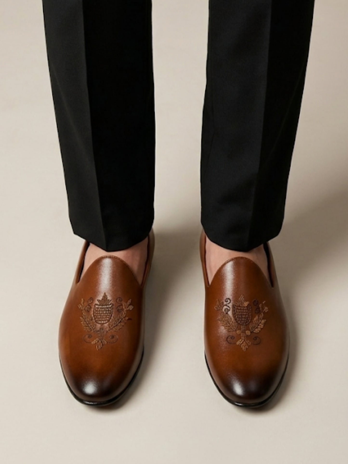 Tan Embroidered Ethnic Loafers