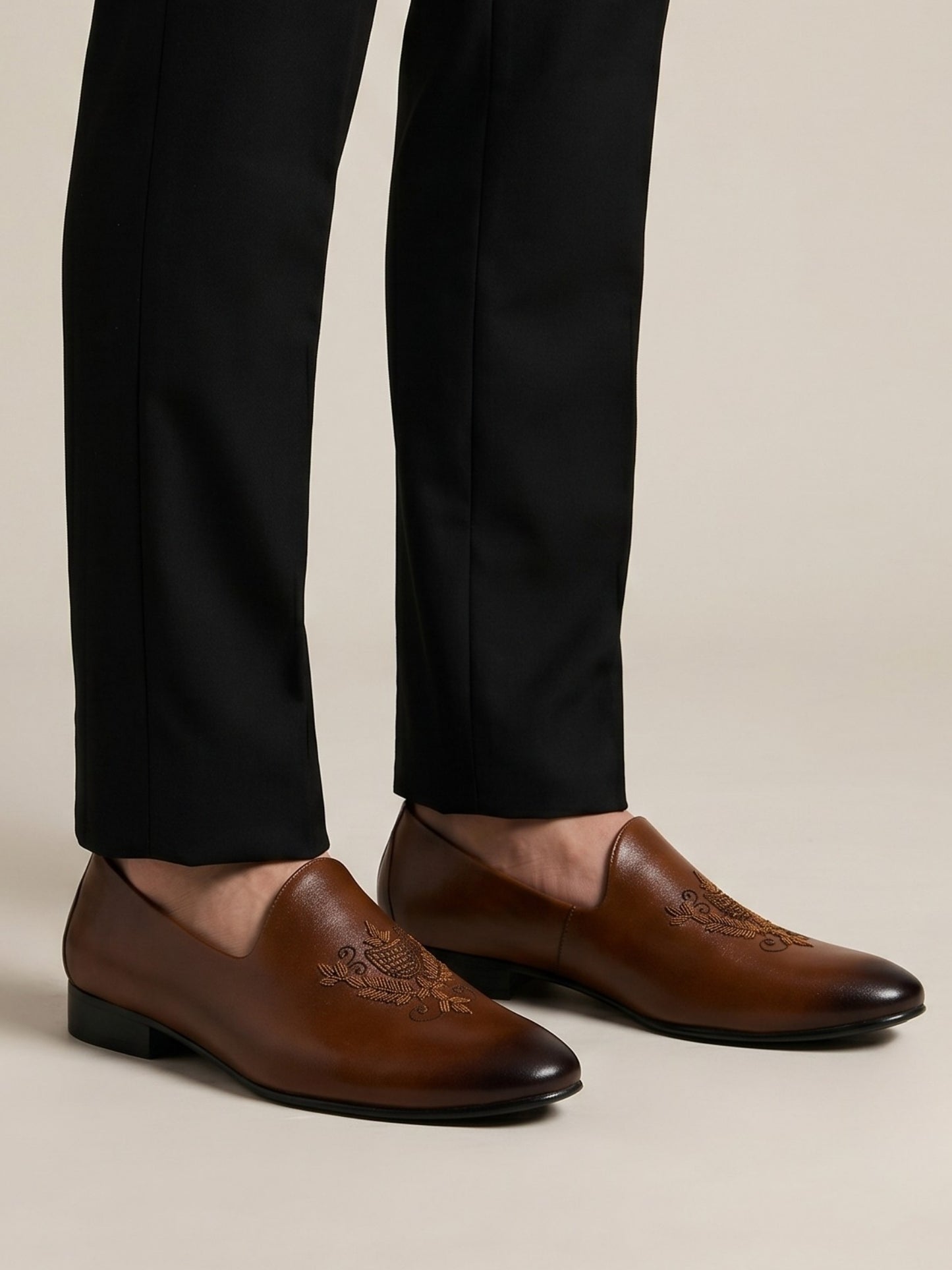 Tan Embroidered Ethnic Loafers