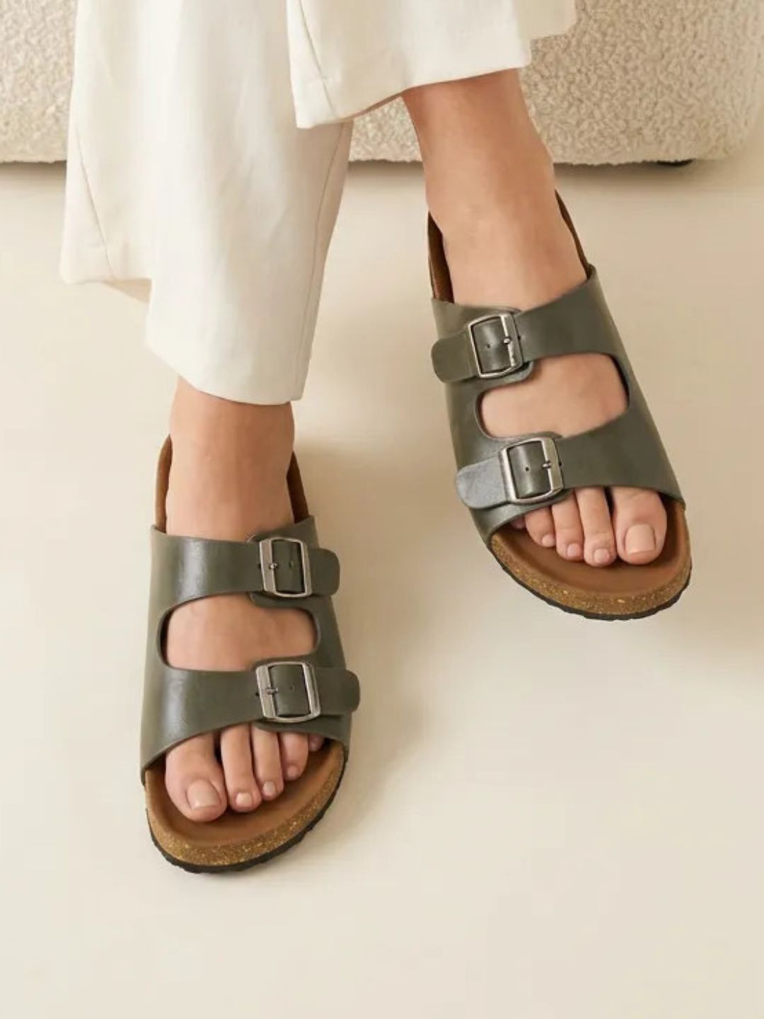 Green Double Strap Casual Sandals