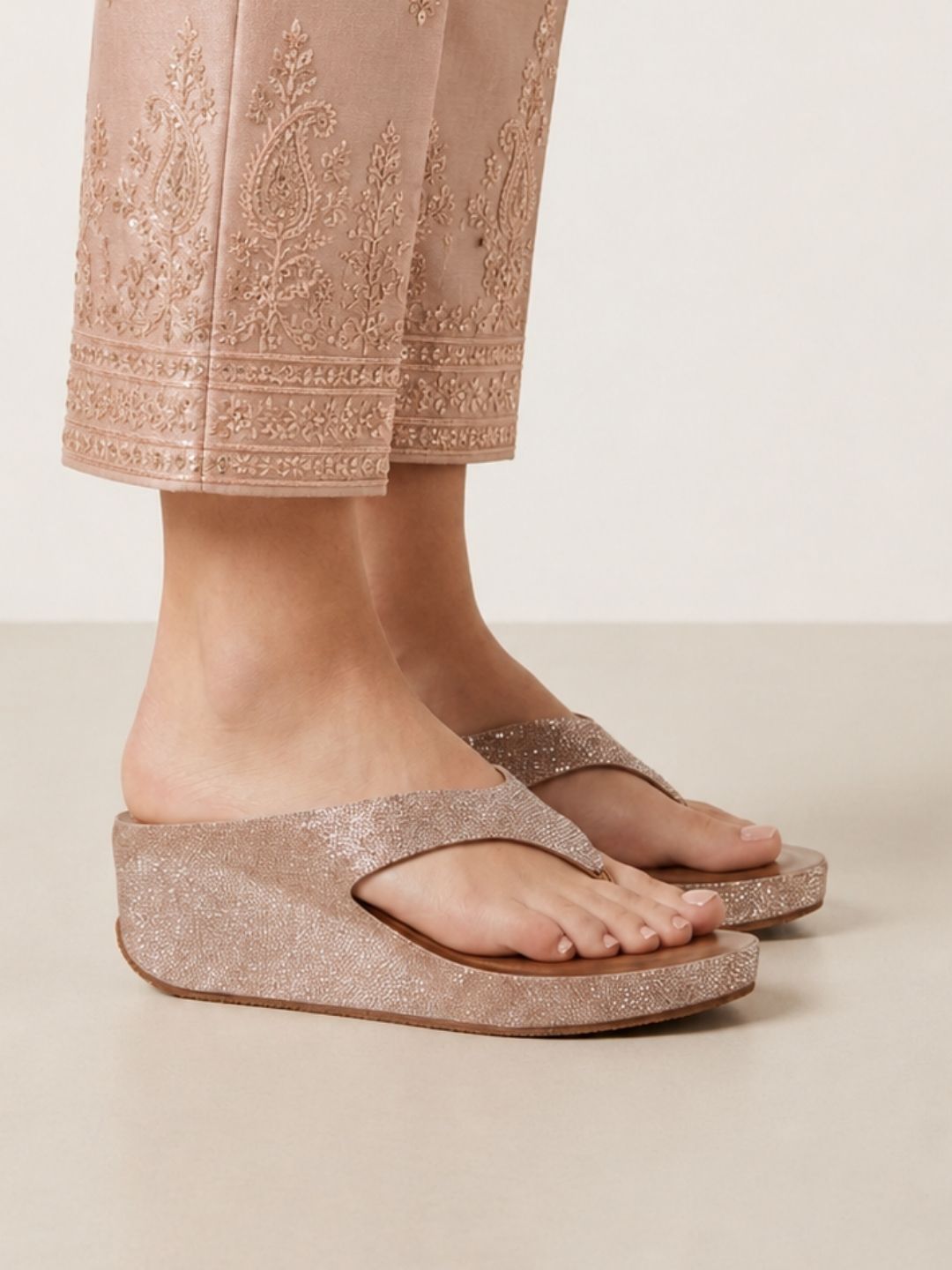 Rose Gold shimmer wedge sandals
