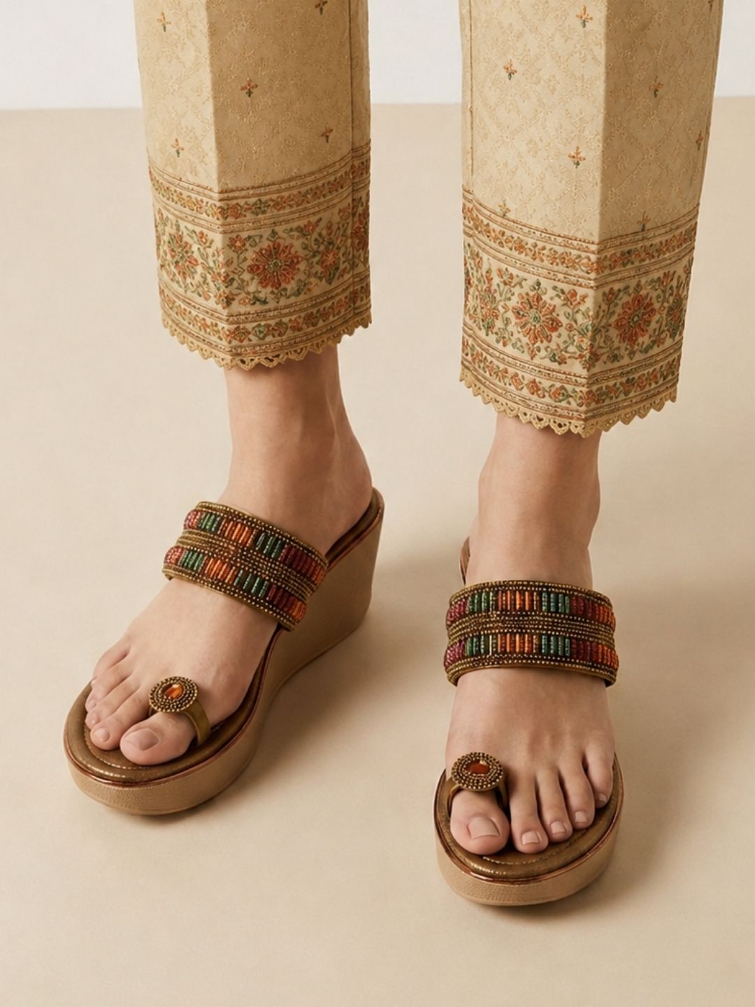 Tan Ethnic wedge sandals