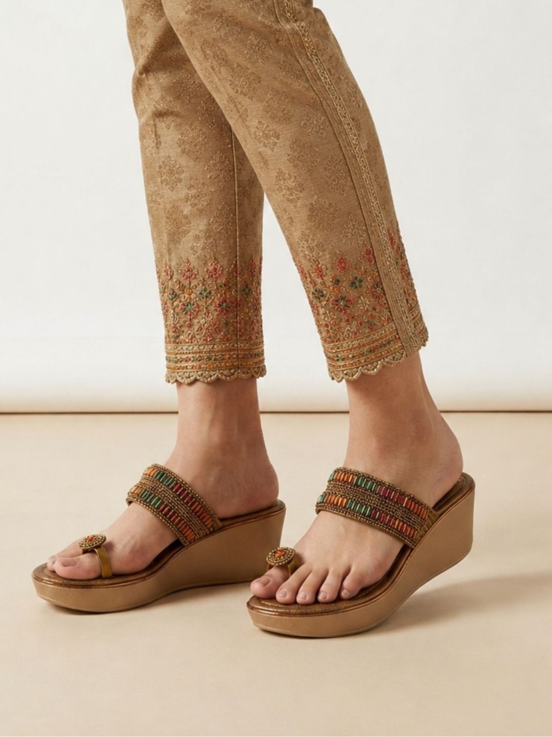 Tan Ethnic wedge sandals