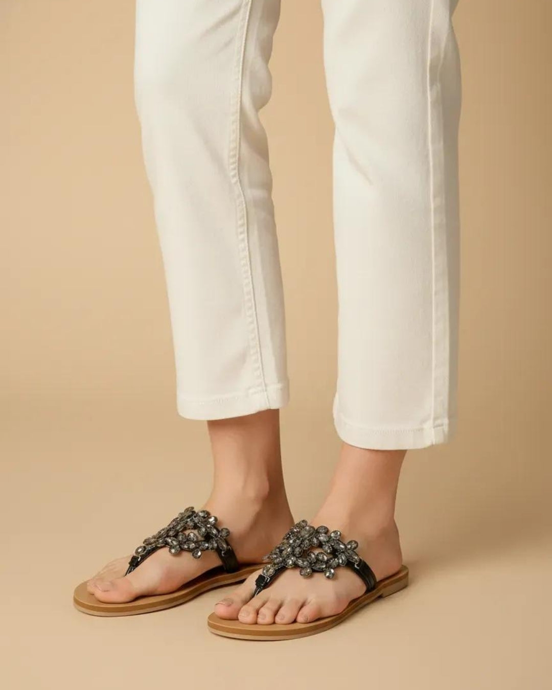 Black Stone-Embellished T-Strap Flats