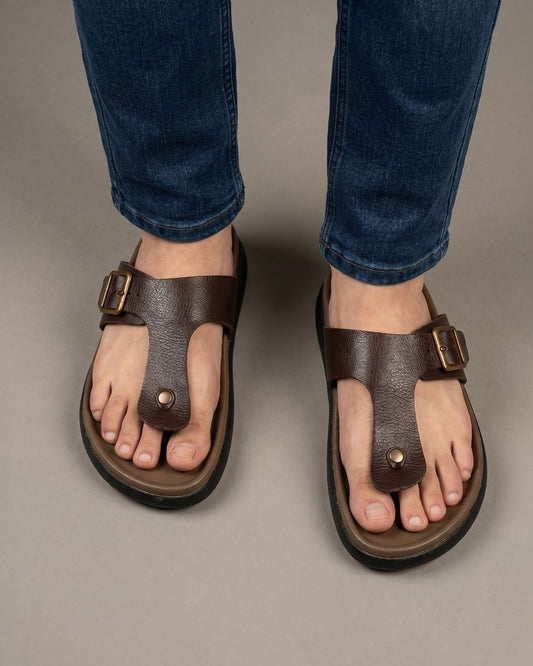Brown T-strap Leather Sandals