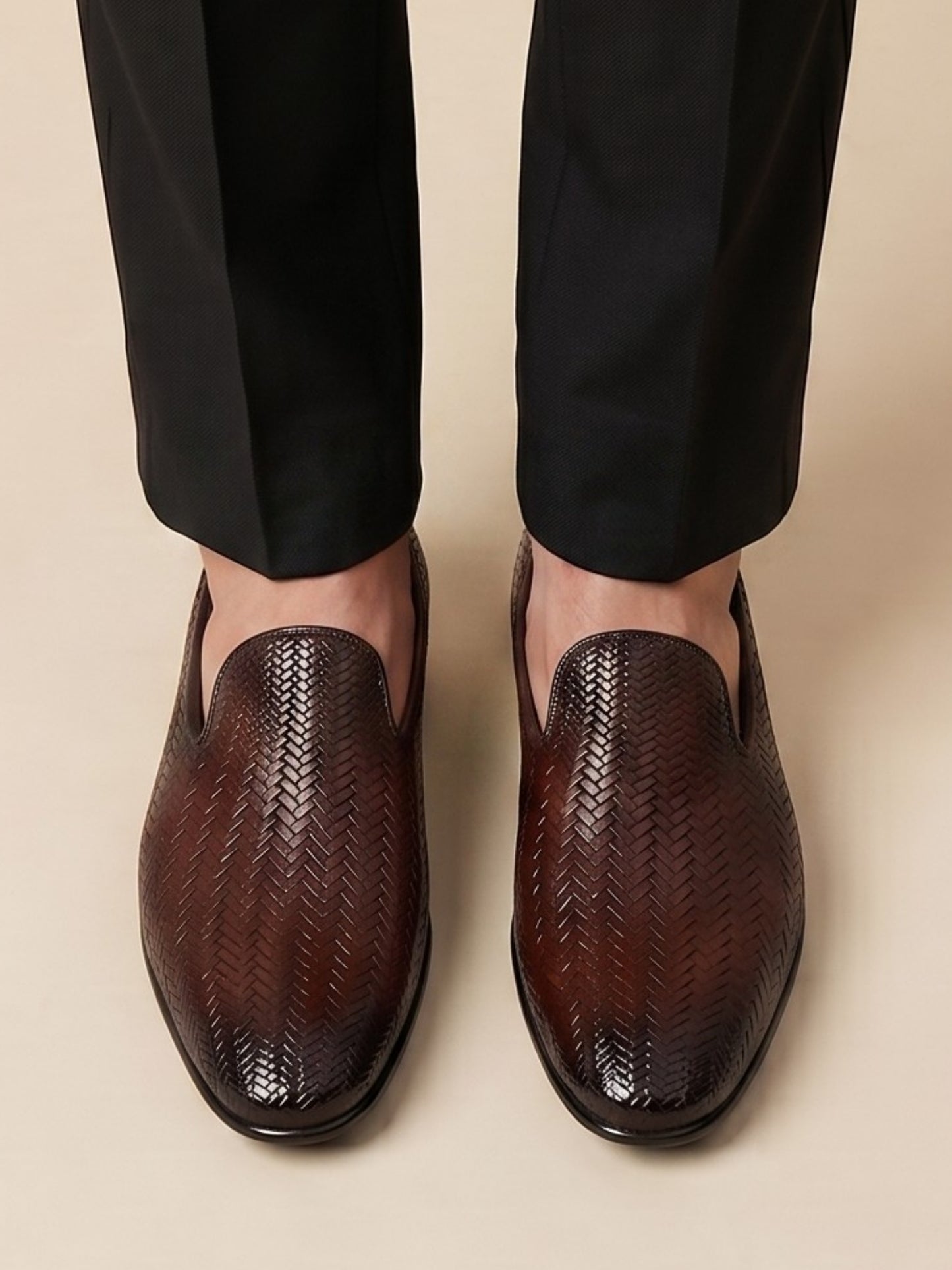 Brown Textured Slip-On Shoes
