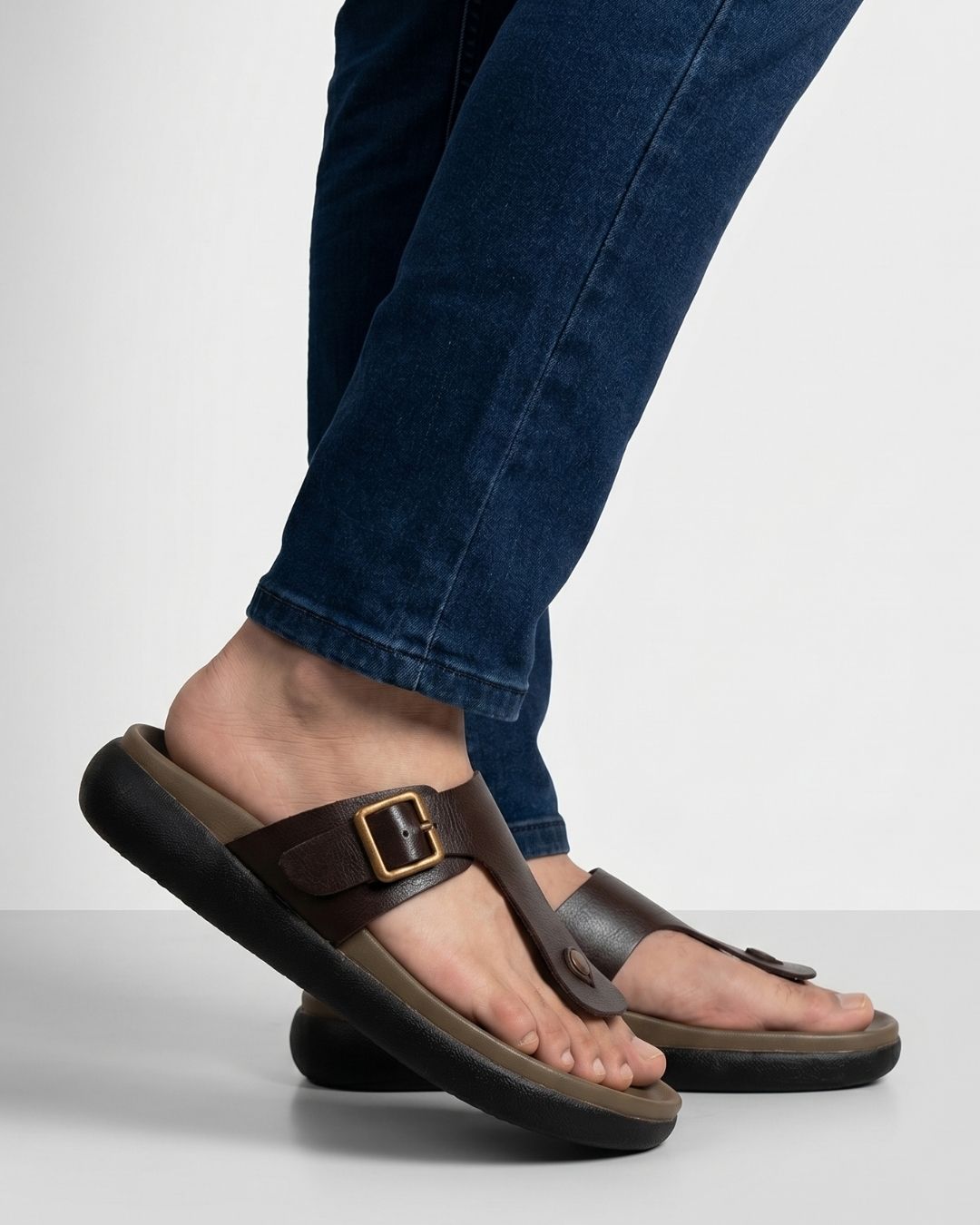 Brown T-strap Leather Sandals