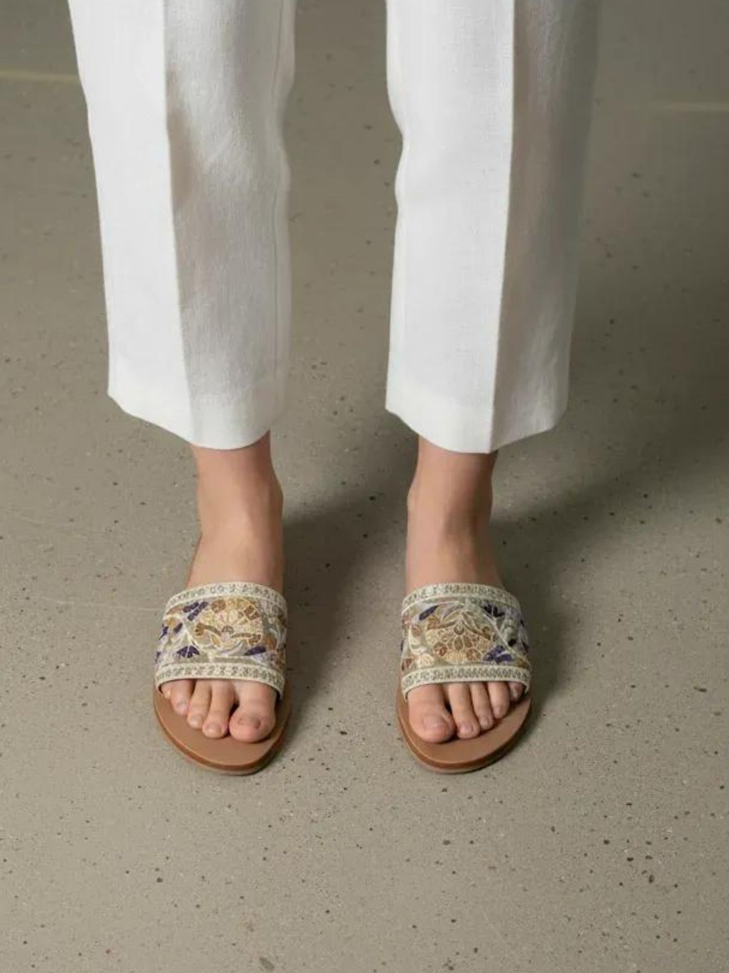 Beige Embroidered Flats