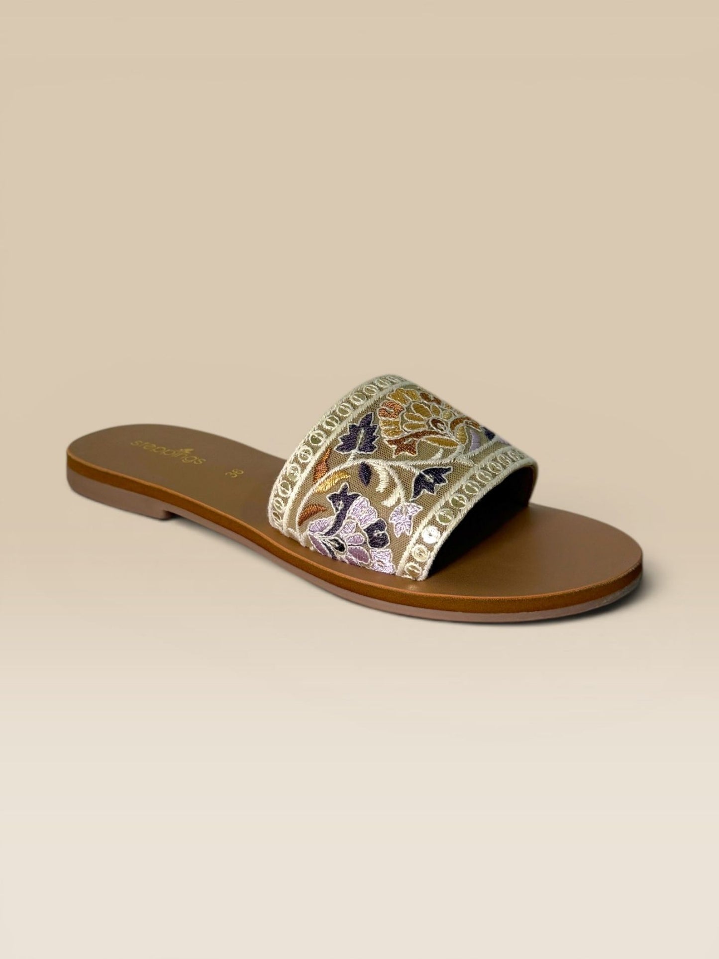 Beige Embroidered Flats
