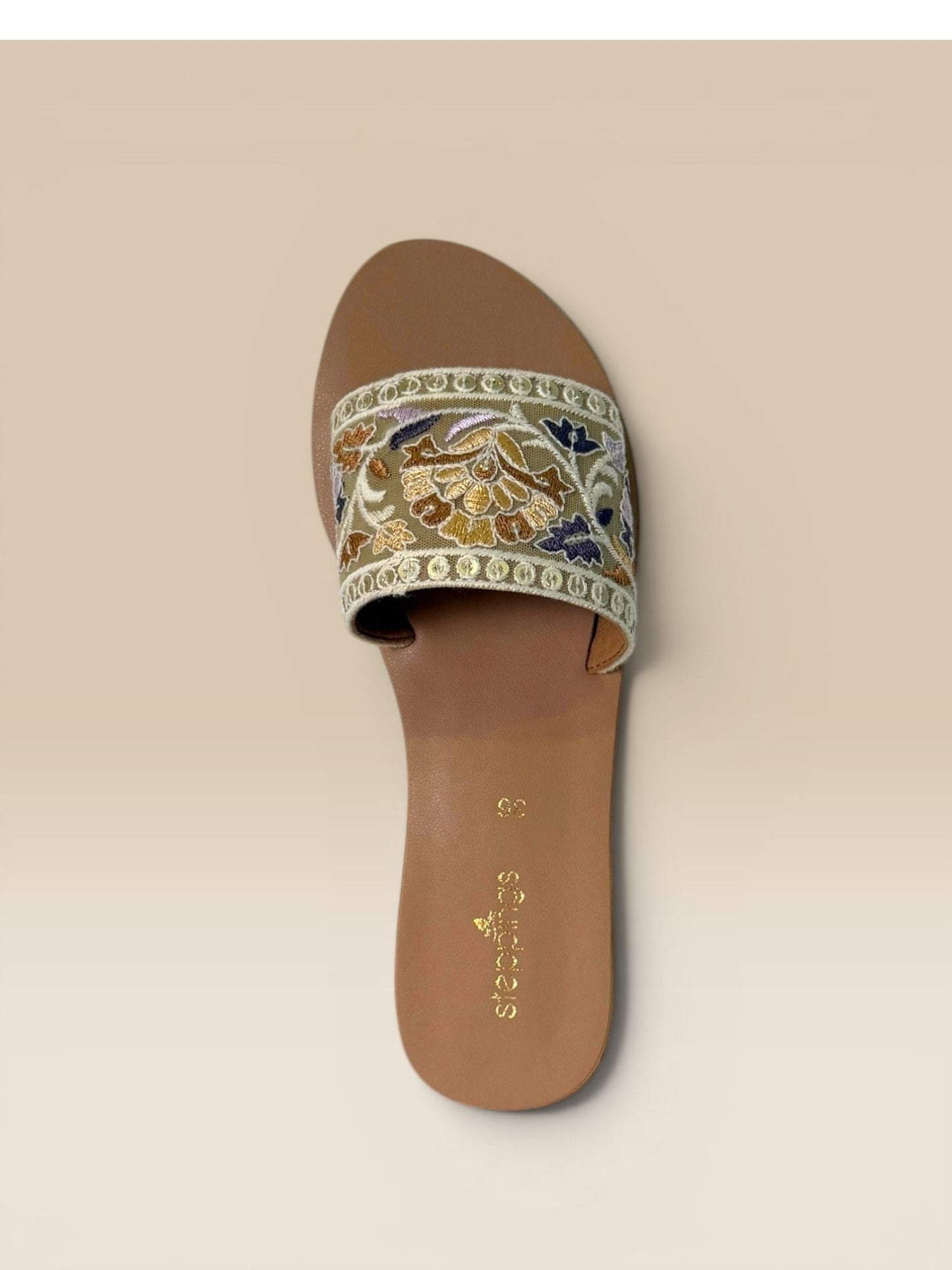Beige Embroidered Flats