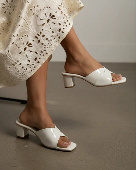 White Slip-On Block Heels