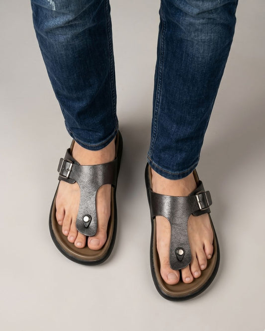 Black T-strap Leather Sandals
