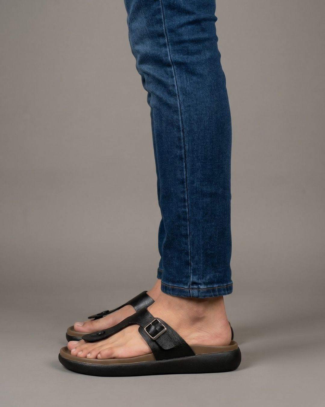 Black T-strap Leather Sandals