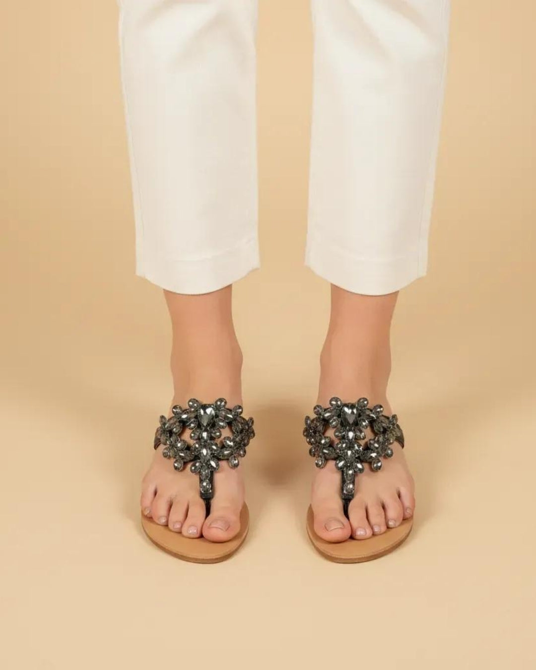 Black Stone-Embellished T-Strap Flats