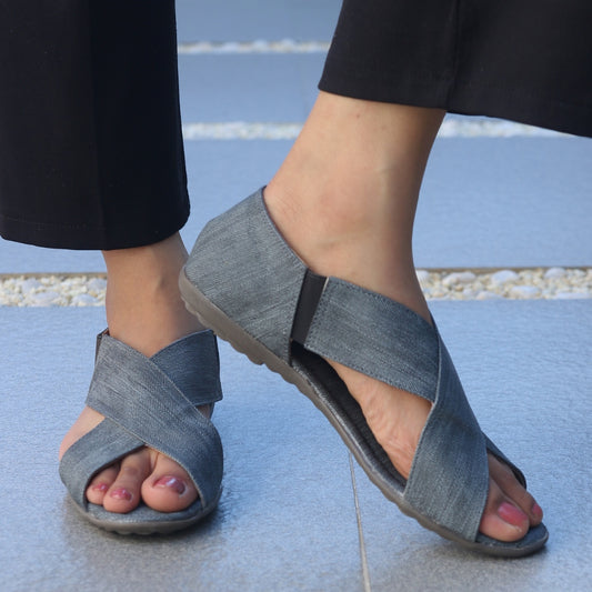 Grey Cross Strap Flat Sandals