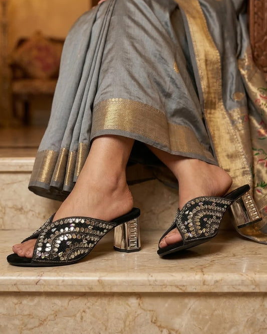 Mirror Embellished Ethnic Block Sandals