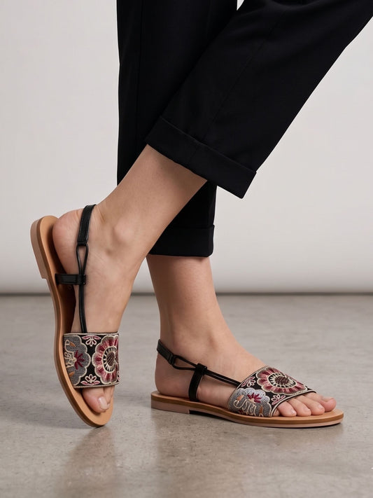 Black Embroidered Sandal Flats