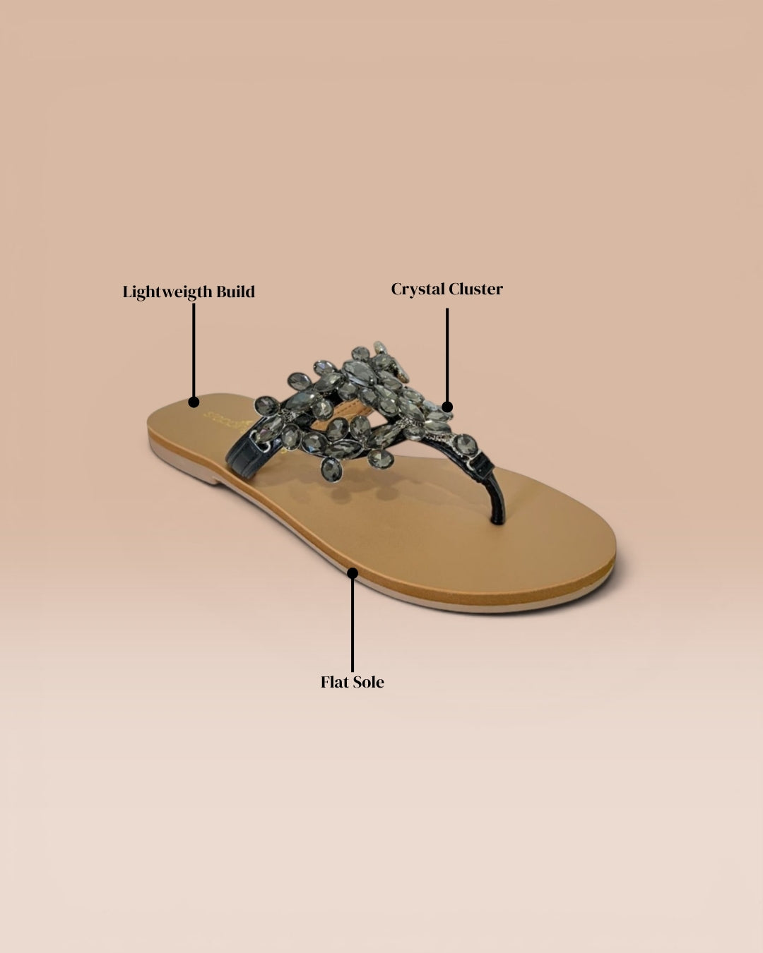 Black Stone-Embellished T-Strap Flats