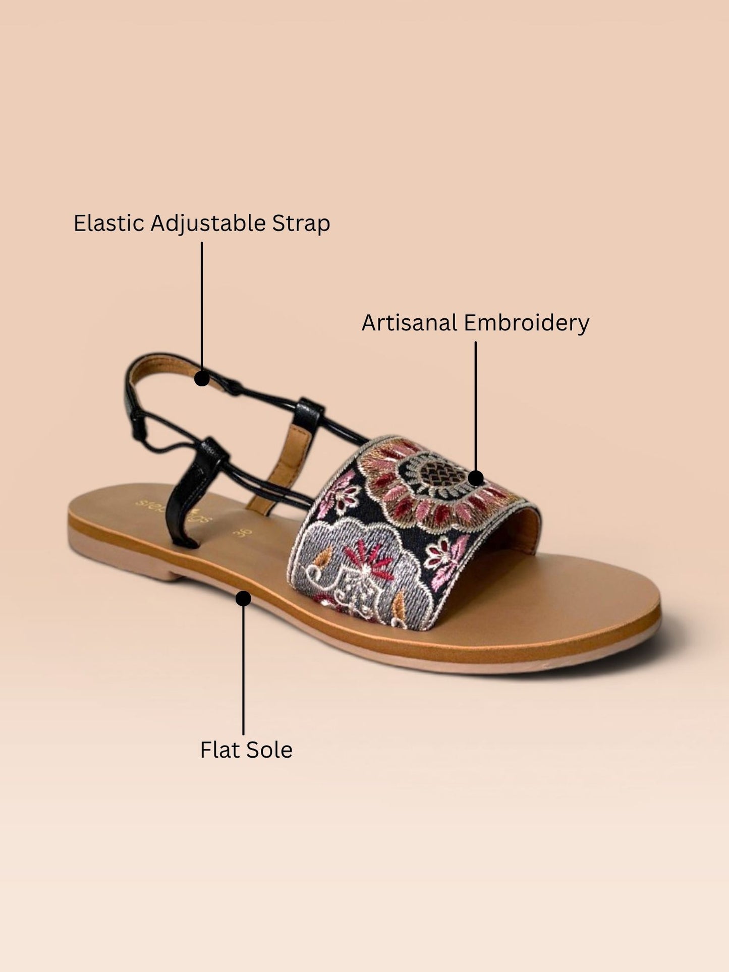 Black Embroidered Sandal Flats