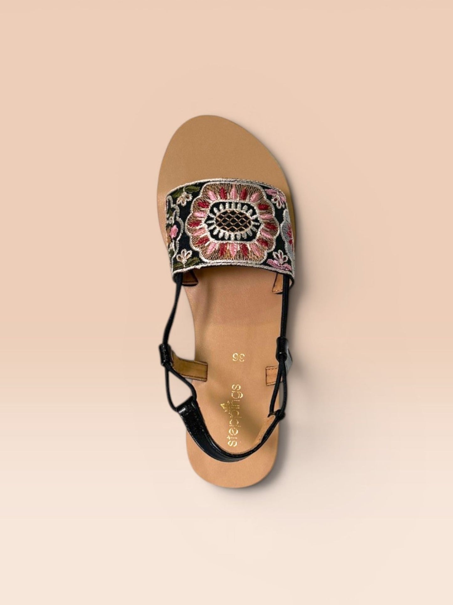 Black Embroidered Sandal Flats