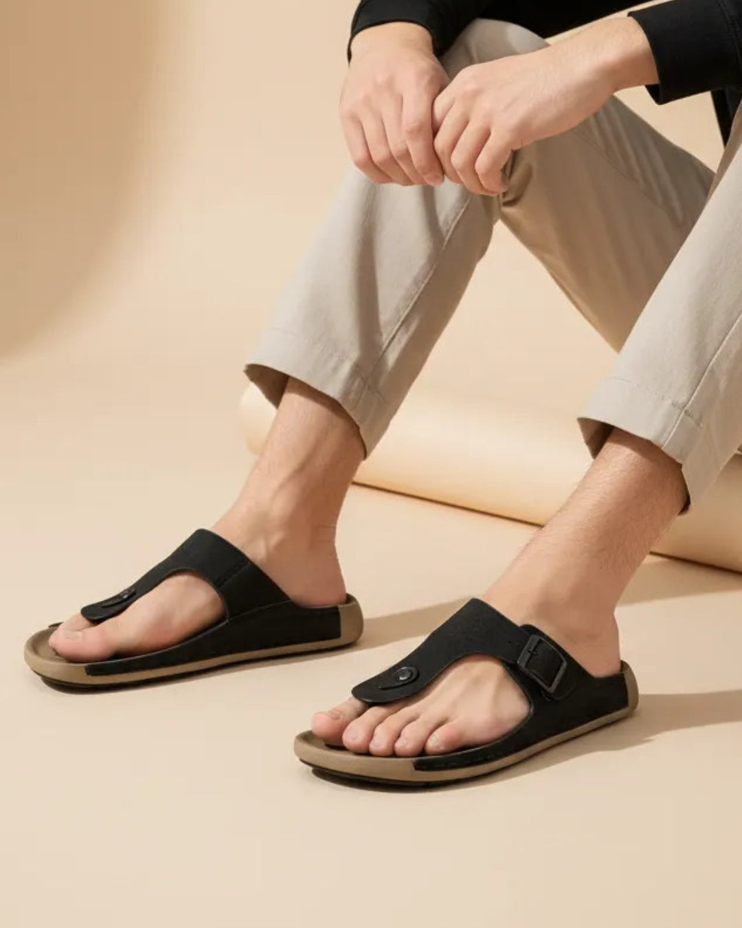 Men's Black T-Strap Casual Sandals