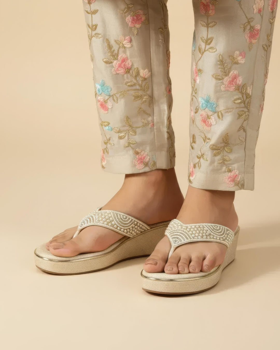 Pearl Embellished Wedge Sandals