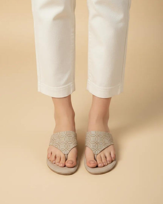 Women Cream Comfort T-Strap Sandals