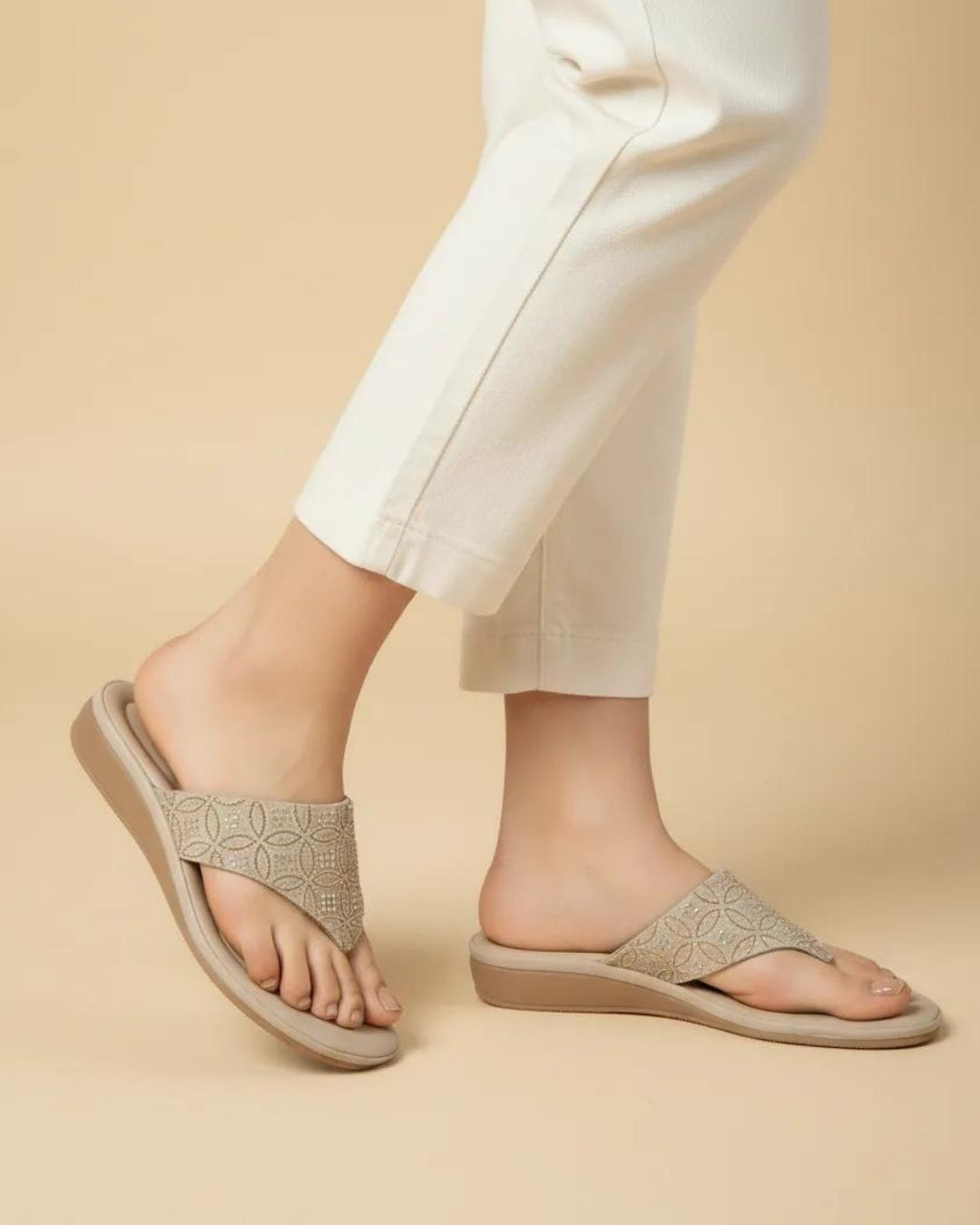 Women Cream Comfort T-Strap Sandals