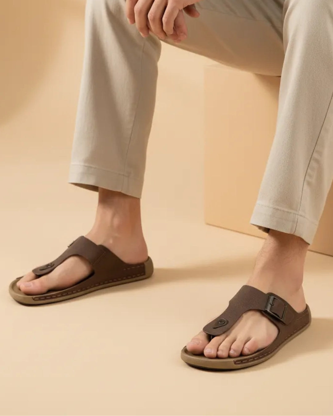 Men's Brown T-Strap Casual Sandals