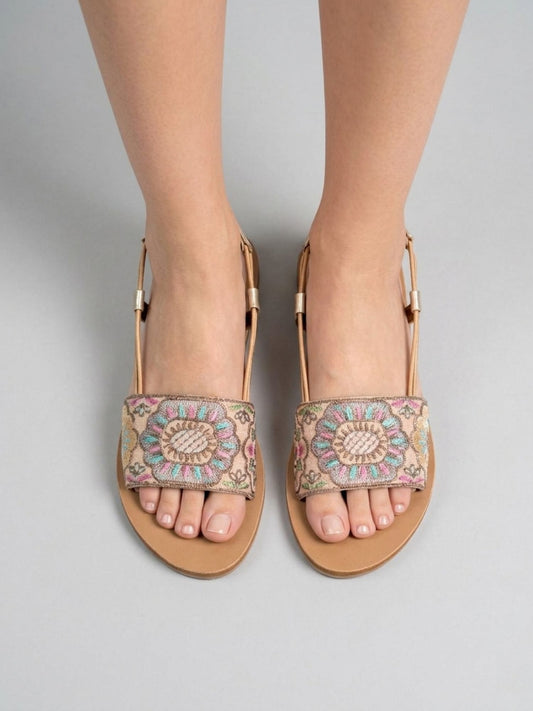 Beige Embroidered Sandal Flats