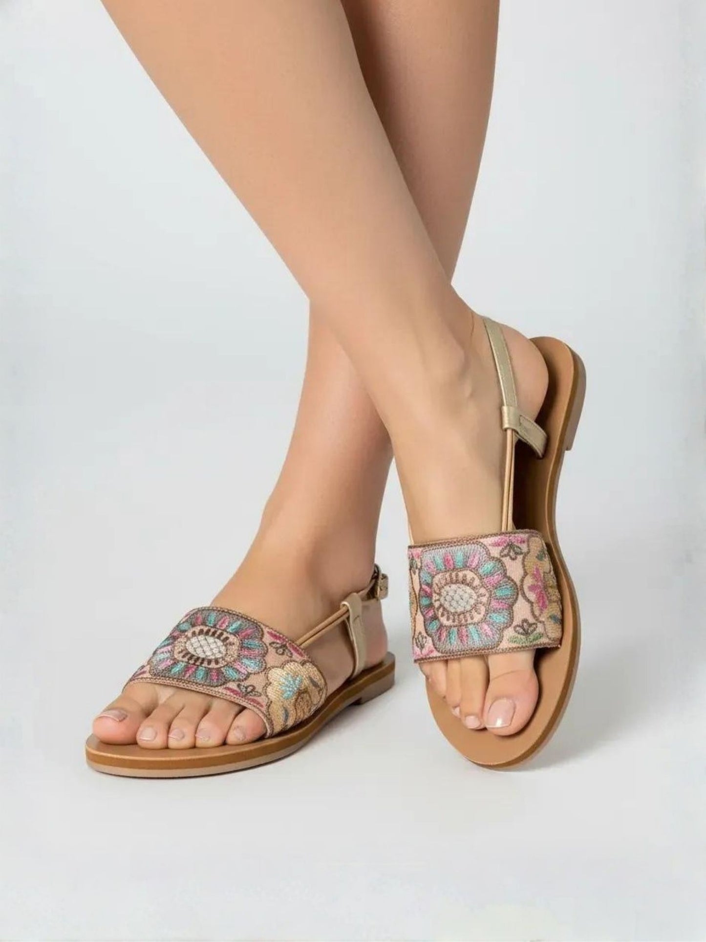 Beige Embroidered Sandal Flats
