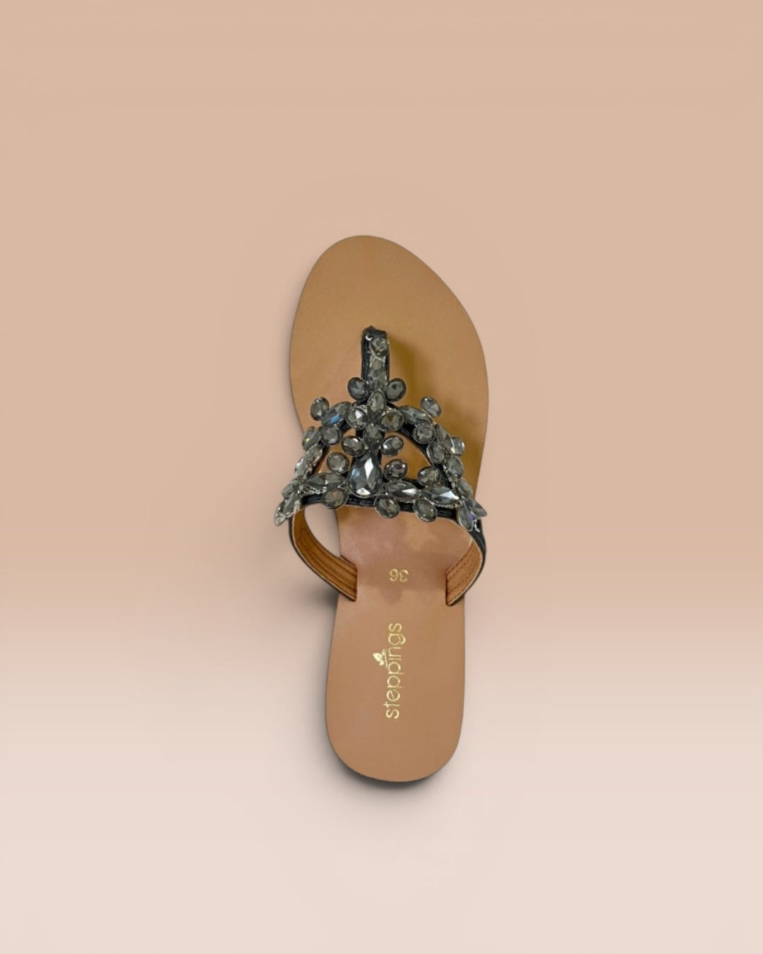 Black Stone-Embellished T-Strap Flats