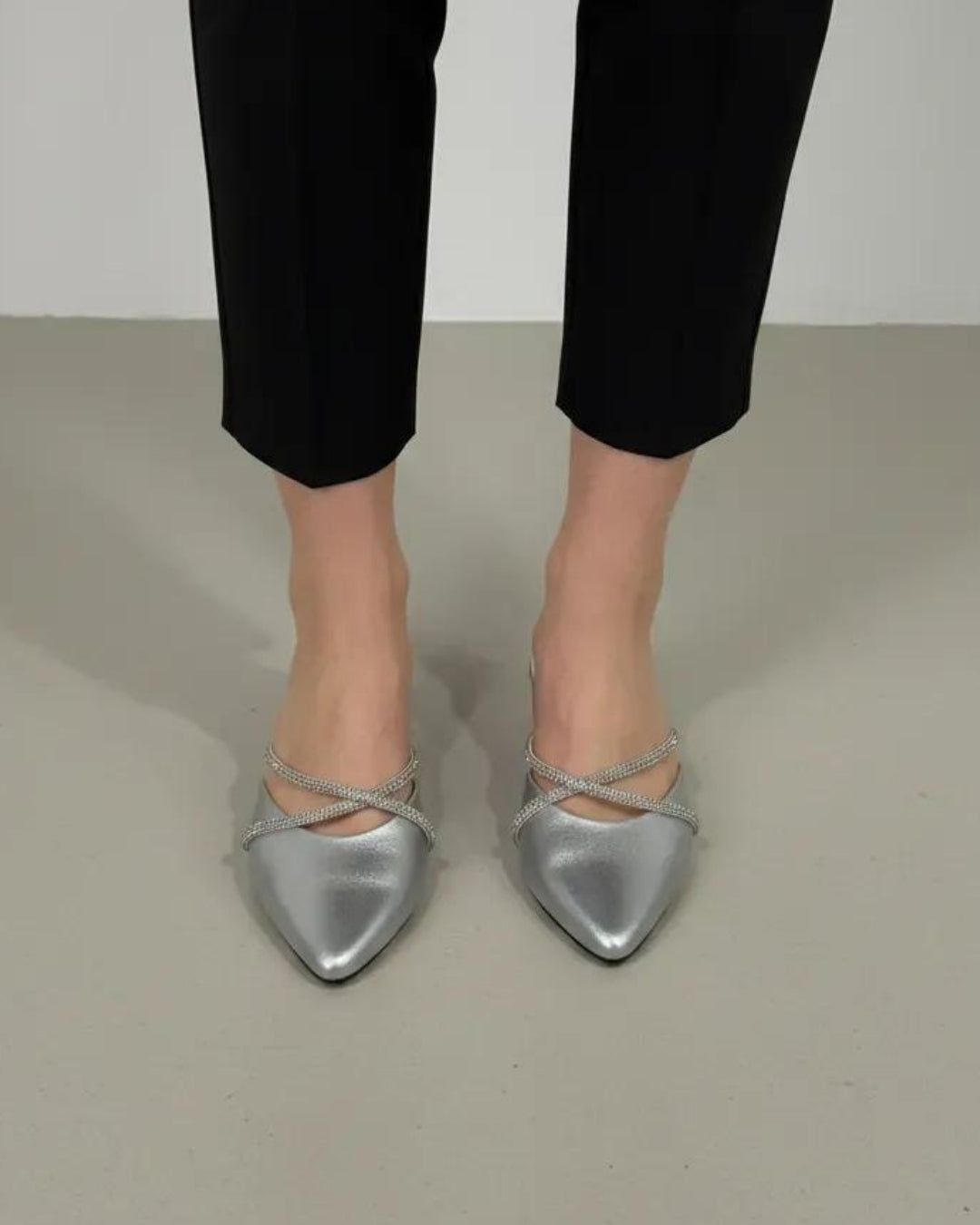 Silver Block Heel Mules