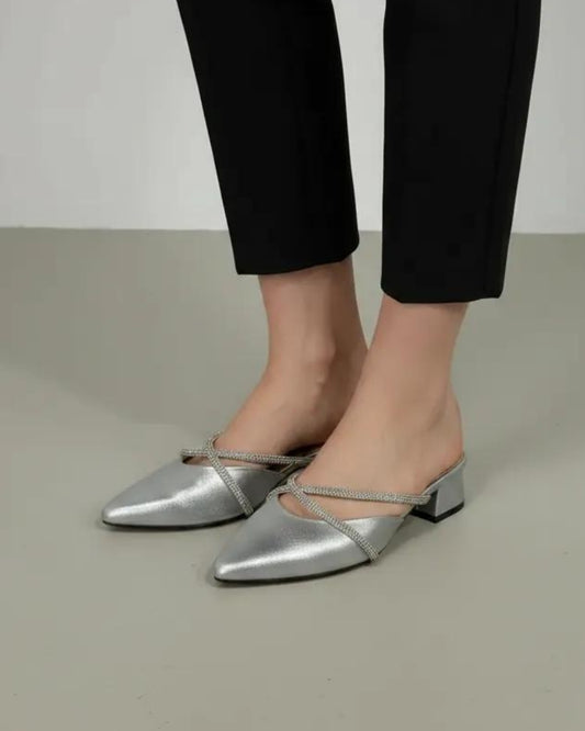Silver Block Heel Mules