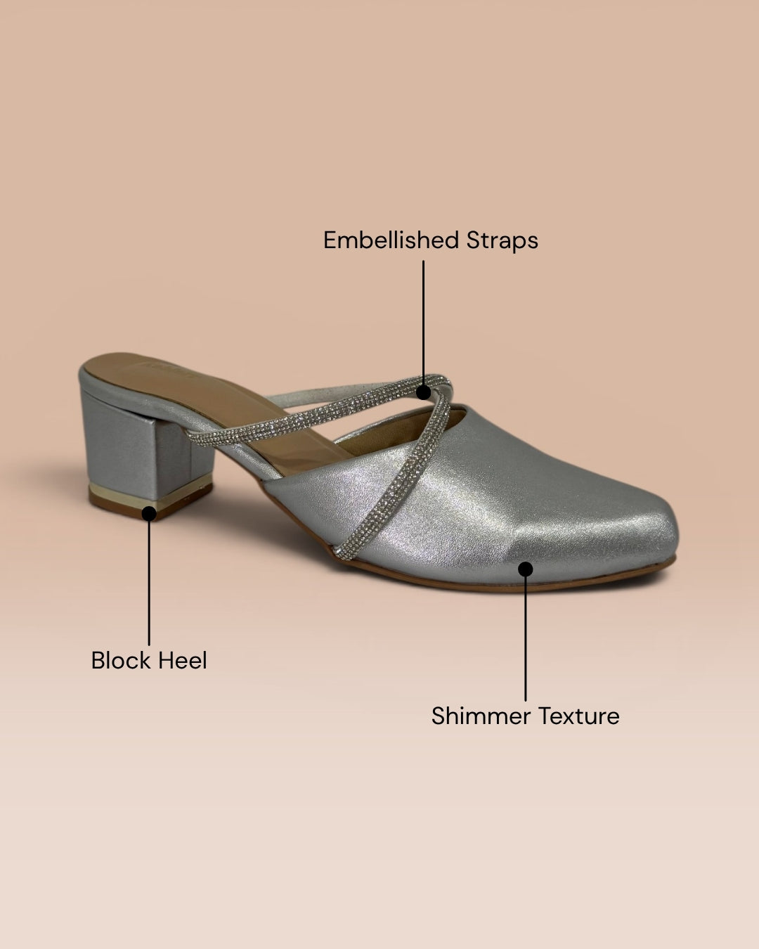 Silver Block Heel Mules